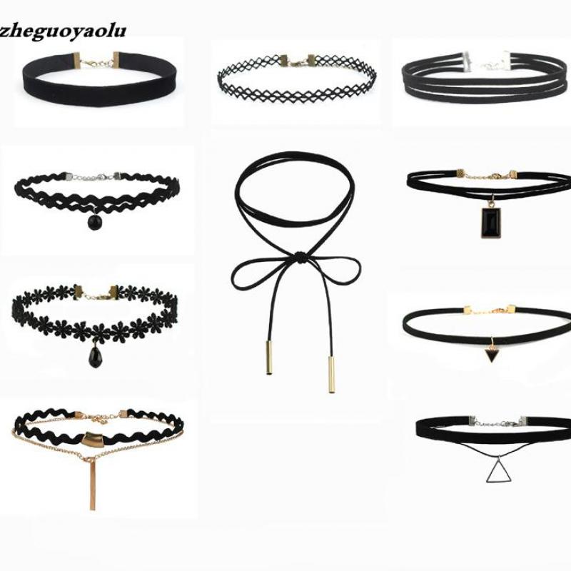 Best Offer 10 Pieces Women Black Rope Choker Necklace Set Velvet Stretch Classic Gothic Lace Choker Chain 1 Set