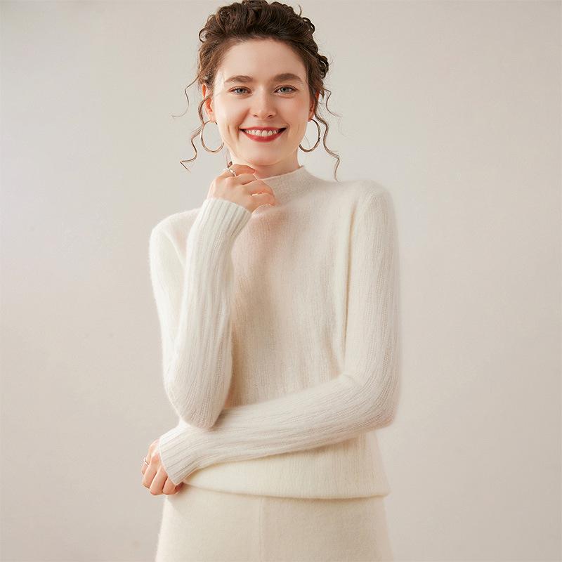 Women's Cable Knit Cashmere Sweater - 12-Gauge, Lychee Pattern, Half-High Neck, Fleece Lining, Twist Design, Wool Base Layer