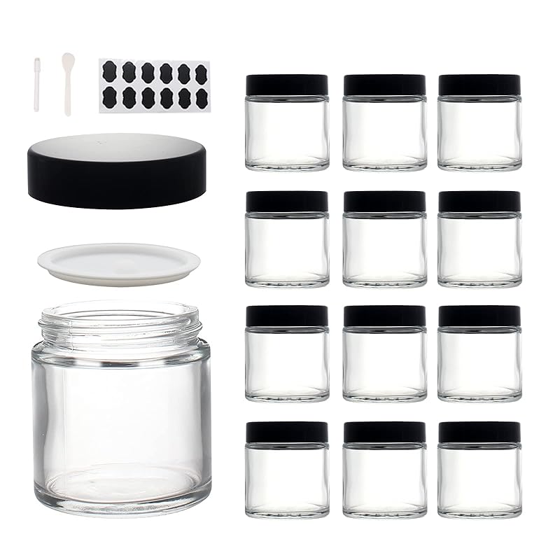 24 Pack 1 Oz Round Clear Glass Cosmetic Jars with Inner Liners and Black Lids, Travel Glass Jars, Cosmetic Containers for Lip Balms, Powders, Makeup,