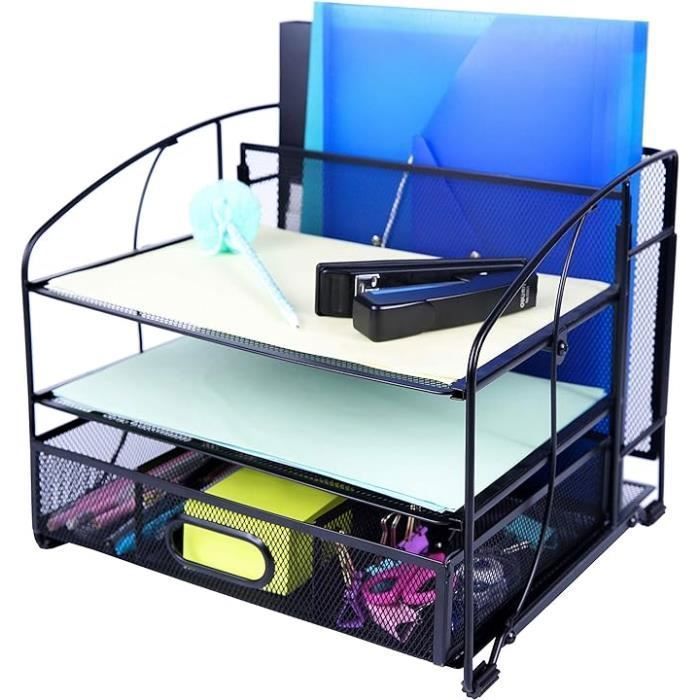 Organisateur De Bureau - Exerz - 3 Plateaux - Tiroir Coulissant - Métal Maillé - Noir Nouveau