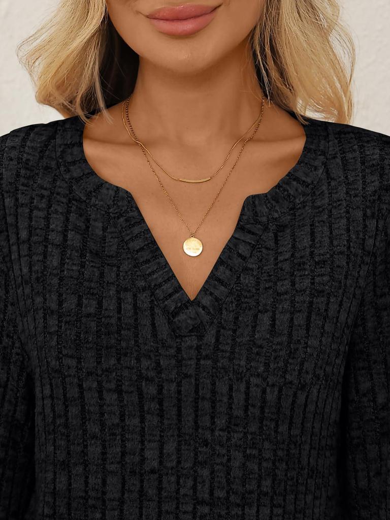 2025 Women's V-neck Ribbed Long-Sleeve T-shirt - Solid Color, Warm, Brushed Finish