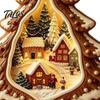 Christmas Tree Wooden Figurines Tabletop Decor with Warm LED Lights, 2D Printed Snow Village Scene Decorative Church And Sleigh Sets Santa Reindeer