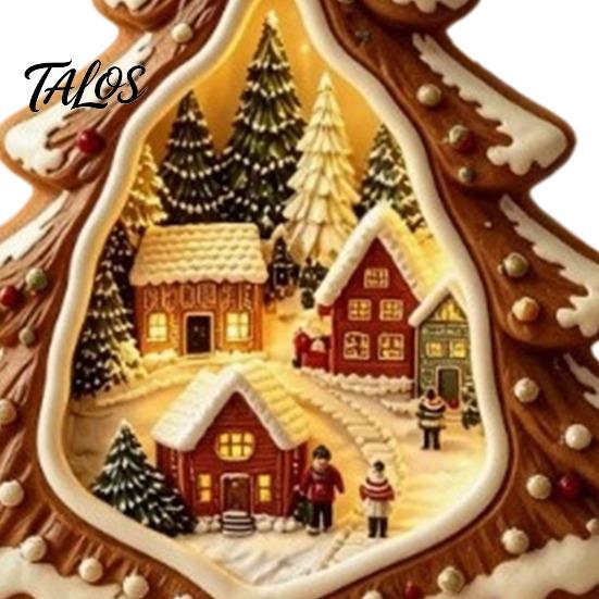 Christmas Tree Wooden Figurines Tabletop Decor with Warm LED Lights, 2D Printed Snow Village Scene Decorative Church And Sleigh Sets Santa Reindeer