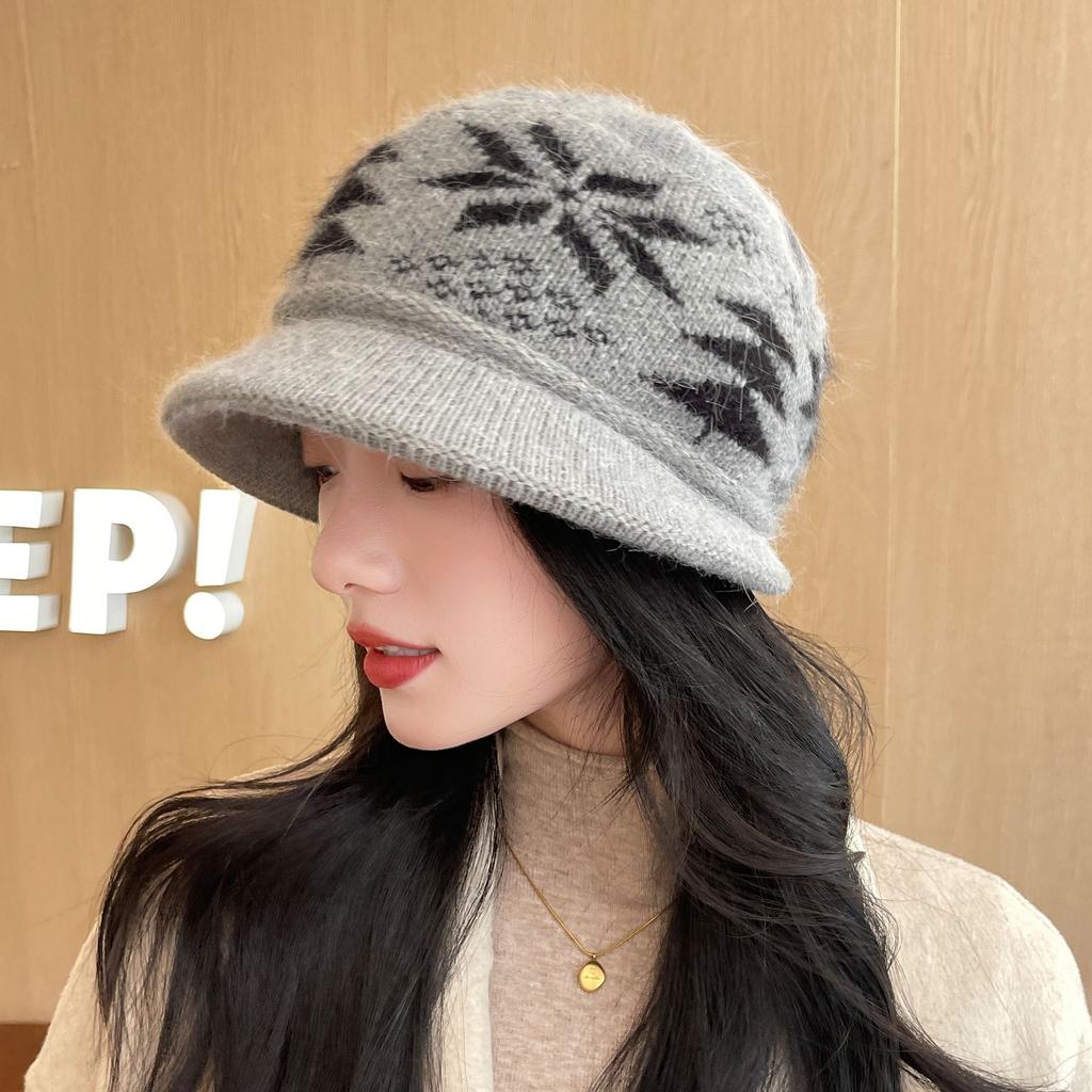 Elderly Women's Hat Autumn Winter Bucket Hat, Plush Lining Warm Thickened Knitted Cotton Beanie