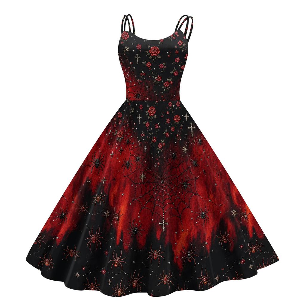Women's Fashionable Halloween Print Off Shoulder Spaghetti Strap Dress