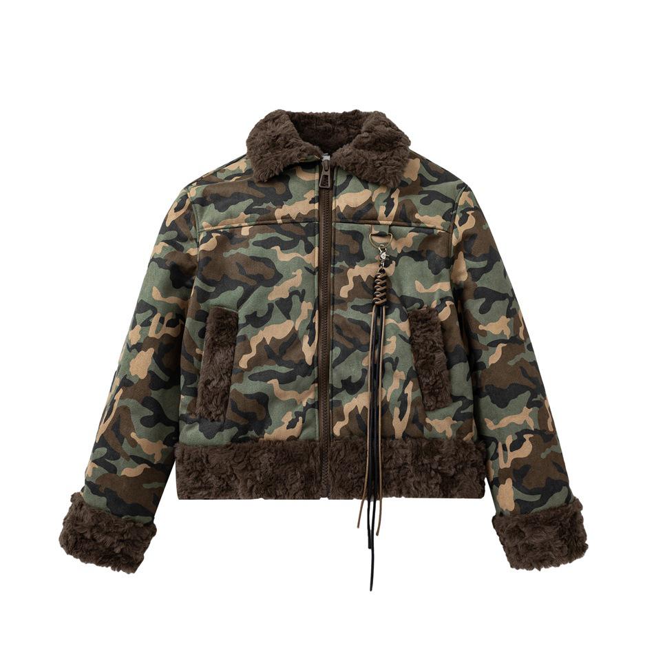 

Жіноча зимова бавовняна куртка в стилі американського ретро, замшева, плюшева, з камуфляжним принтом MY672 Small зелений/камуфляжний