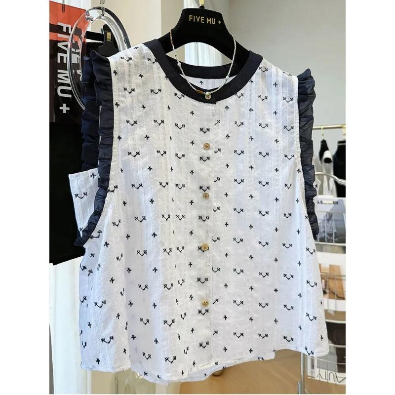 Women s Summer Ruffled Sleeveless Embroidered Button Down Blouse Top M