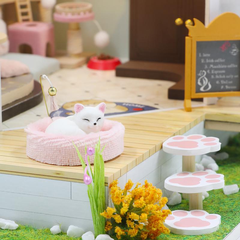 Wooden Doll House Cat Cafe Mini DIY Small House Kit Making Room Toys Home Bedroom Decoration with Furniture For Gifts Dollhouse