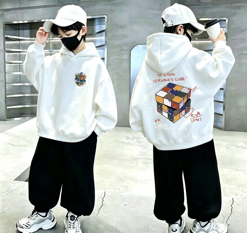 Autumn/Winter Children's Casual Warm Hooded Sweatshirt with Unique Magic Cube Pattern - Korean Style Cool Hooded Sweatshirt