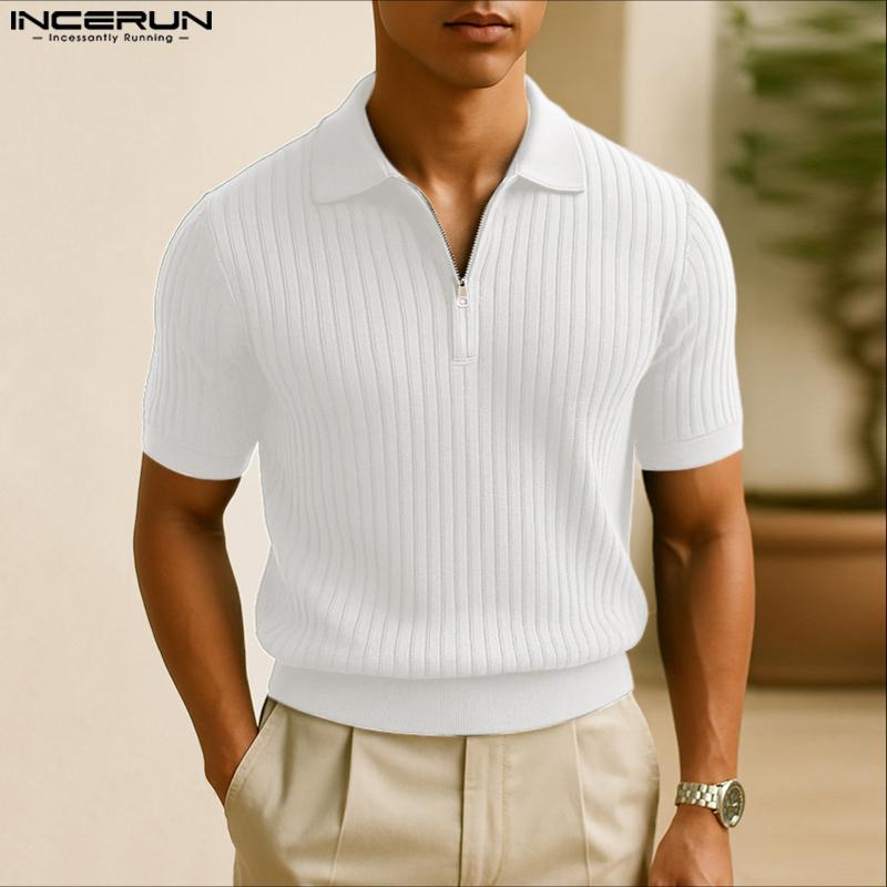 INCERUN Men Lapel Short Sleeve Stitching Casual Office T-shirts Rib Tops