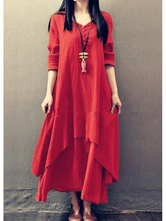 

Весеннее платье-свинг из хлопка и льна с длинным рукавом 2023 года - Дизайн «два в одном» XXL