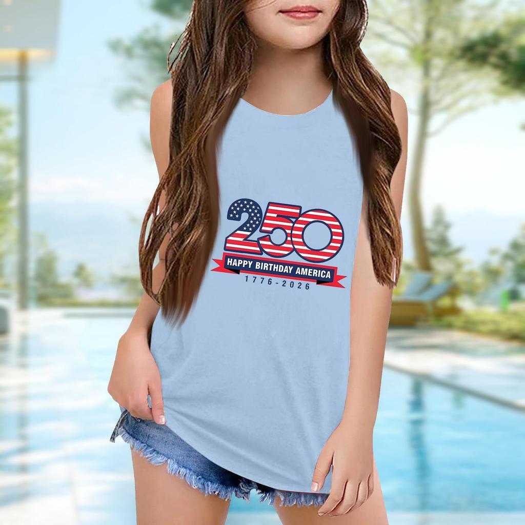 Girls  Kids Summer Crewneck Sleeveless Shirts Tank Tops Independence Day