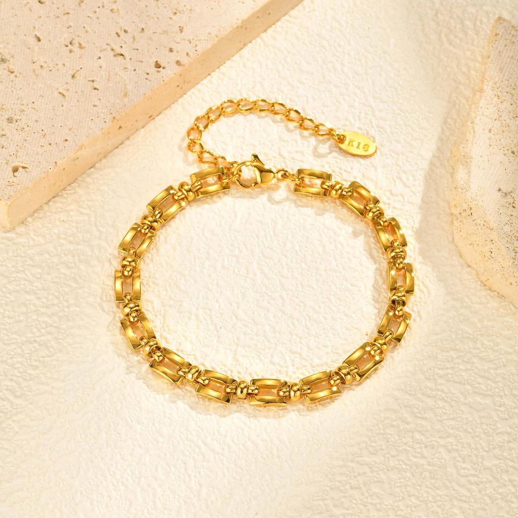 18k Gold Plated Stainless Steel Chain Bracelet for Women Non-tarnish, Adjustable Statement Geometric Link Jewelry Gift