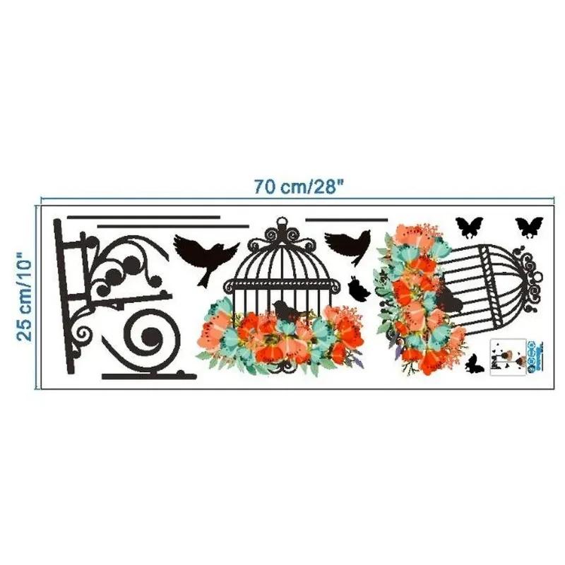 Colorful Flower Birdcage Wall Sticker Decals Flying Birds Plants Adhesive Living Room Wallpaper Bedroom Nursery Window Decor