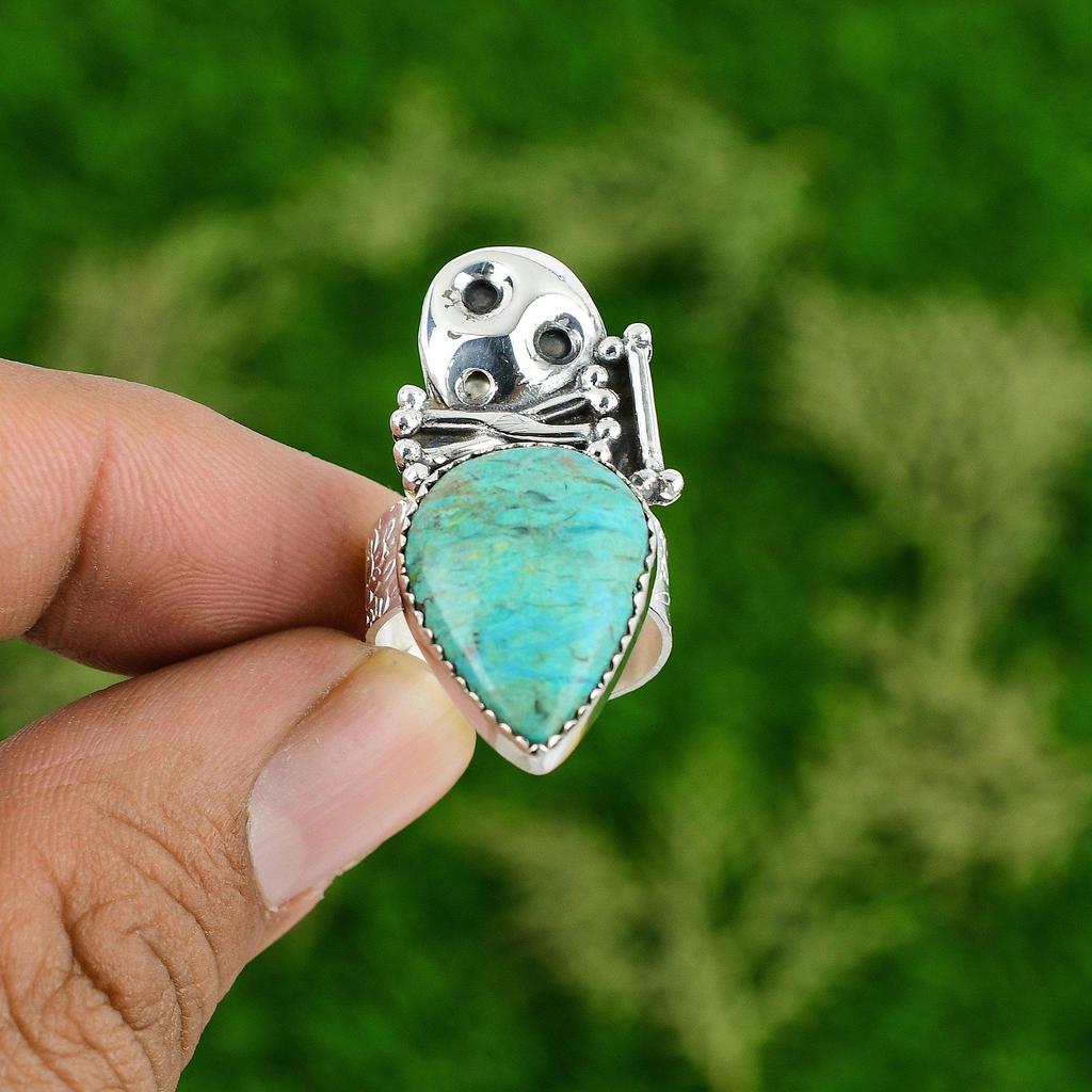 925 Silver Natural Shattuckite Promise Skull And Bone Adjustable Ring