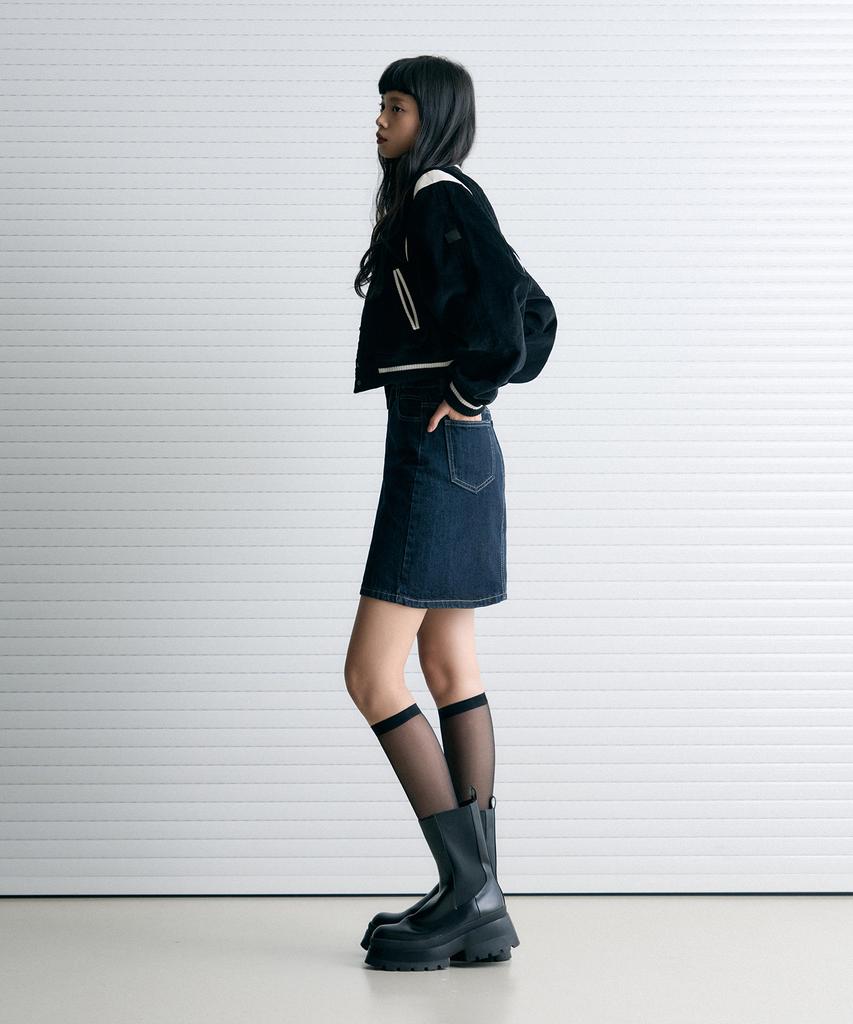 Leathery Corduroy Varsity Teddy Jacket [Black]