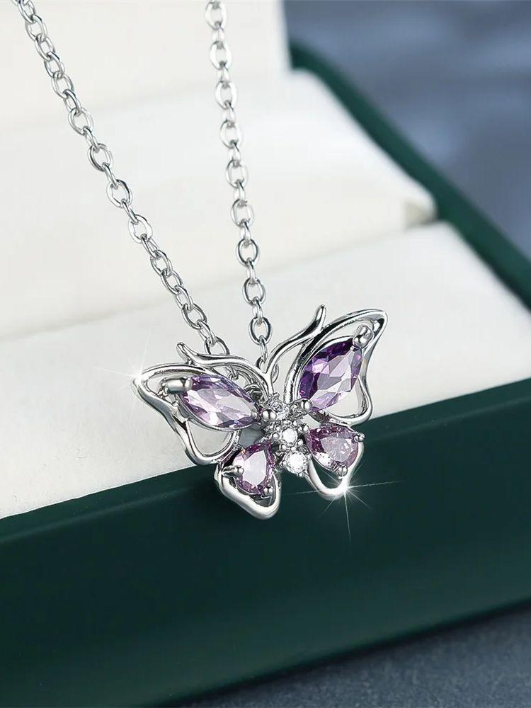 

Female Crystal Zircon Purple Stone Butterfly Pendant Necklace Vintage Silver Color Wedding For Women