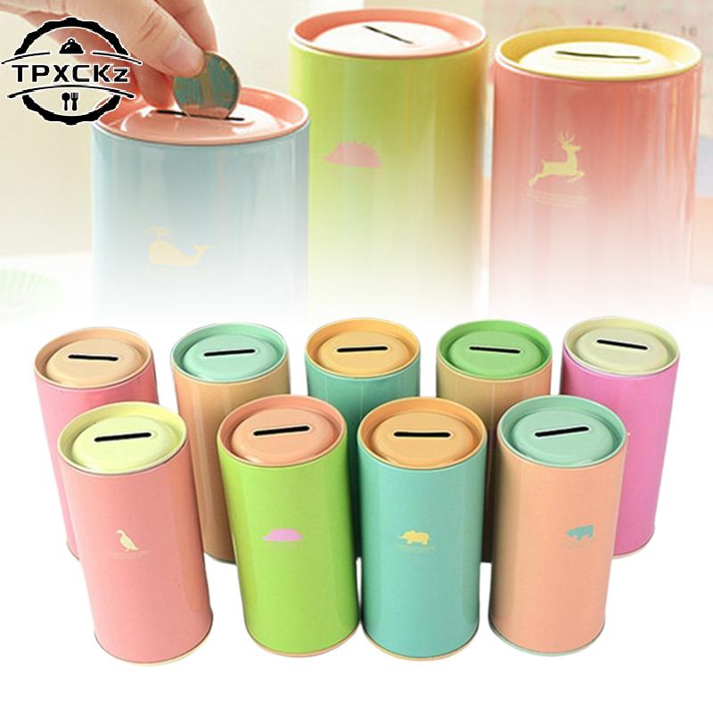 Animal Tinplate Cylinder Piggy Bank Metal Coin Box Cute Candy Color Sundries Cans Storage Cans Gift Cans Home Decor Money Box