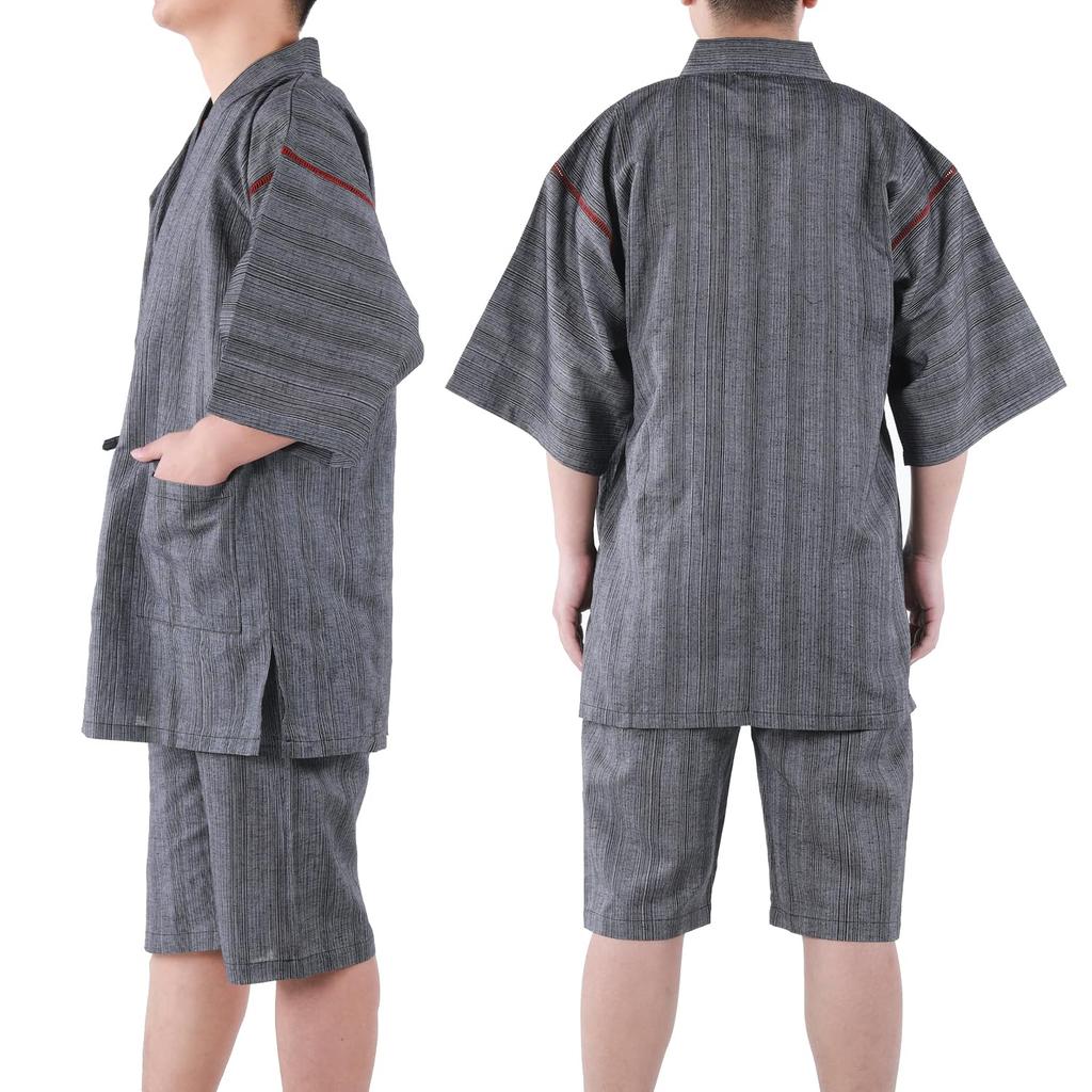 YUKITAC Men's Jinbei (Jacket) in Black, Green, and Gray, Sizes M/L/LL, 100% Cotton, Perfect for Fireworks and Summer Festivals (E, M)