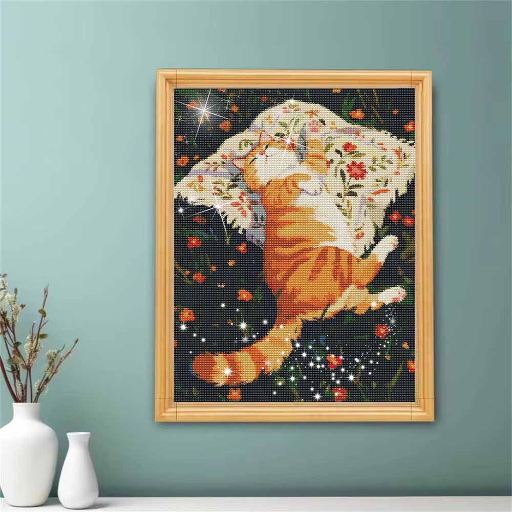 DIY 5D Diamond Art Kit Cute Sleeping Cat on Flower Blanket Sparkling Rhinestone Canvas for Bedroom and Living Room Wall Decor