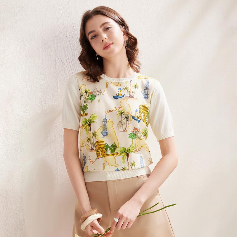 Chaojun Damen Seidenmischung Floral Strick Kurzarm T-Shirt