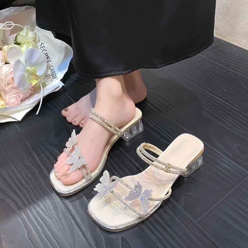 Premium sense one-word fashion versatile and thin French thick heel medium heel cool slippers women's outer wear 2025 summer and autumn new models