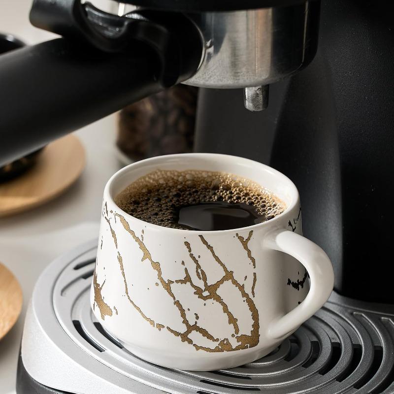 Ceramic Espresso Cups with Saucers and Metal Stand, Small 4 oz Porcelain Demitasse Cups Set of 6, Cute Cappuccino Coffee