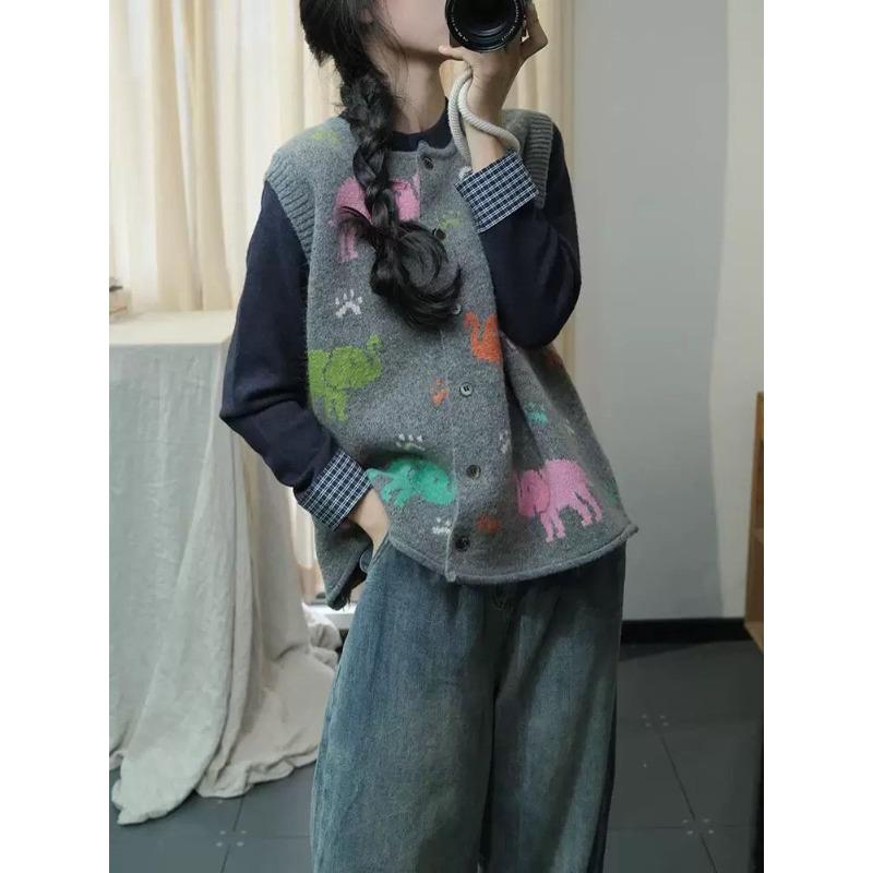 Dimanaf 2025 Women Sleeveless Buttons Autumn Vest Sweaters Style Printing  Knitting Casual Loose Sweater