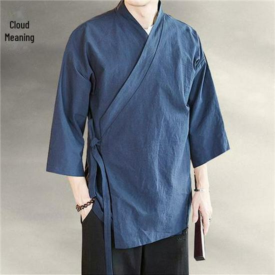 Men's Zen Buddhist Hanfu Jacket: Three-Quarter Sleeves, Slanting Collar, Summer Style, Ancient Chinese Tea Clothing, Cotton & Linen Taoist Robe.