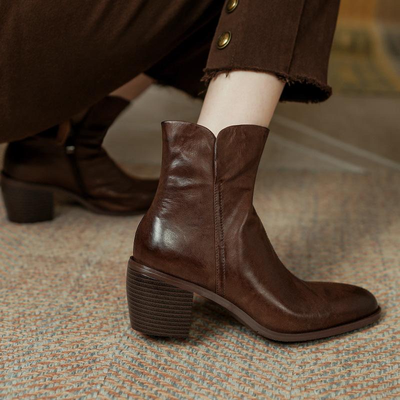 2024 Autumn Women Ankle Boots Round Toe Women Boots Winter Western Boots Genuine Leather Leather Shoes Office Lady Shoes Retro