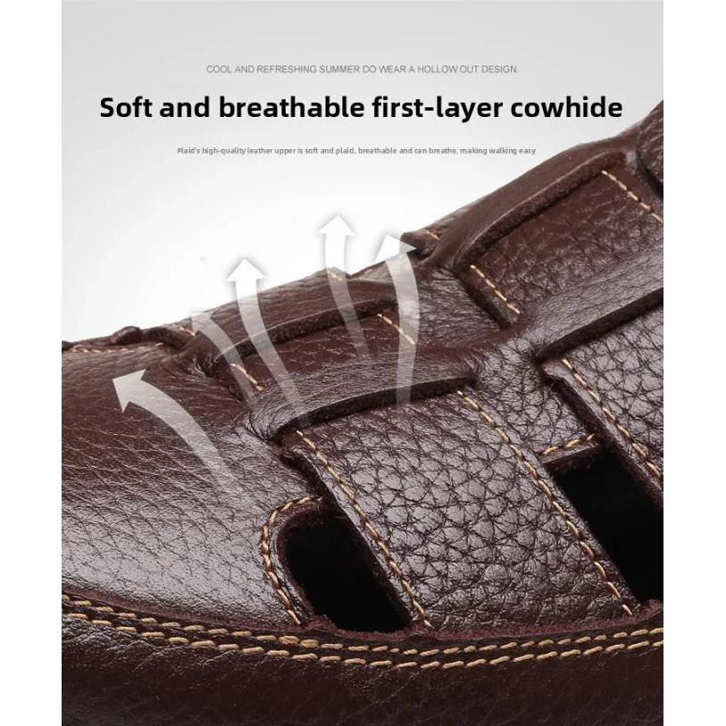 Men's Leather Sandals Breathable Summer Casual Shoes Soft Bottom Anti-Slip Hollow Out Dad Shoes