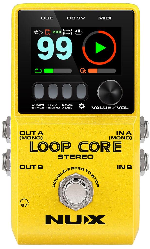 Loop Core Stereo Pedal Looper with 99 Save Stereo MIDI and Drum Machine NU-X High-Definition Slots, Input/Output, Control, Built-in