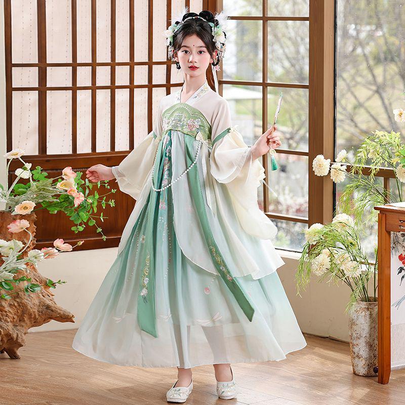Green Hanfu Girl's Spring Autumn Ancient Style Chinese Tang Suit Fairy Dress