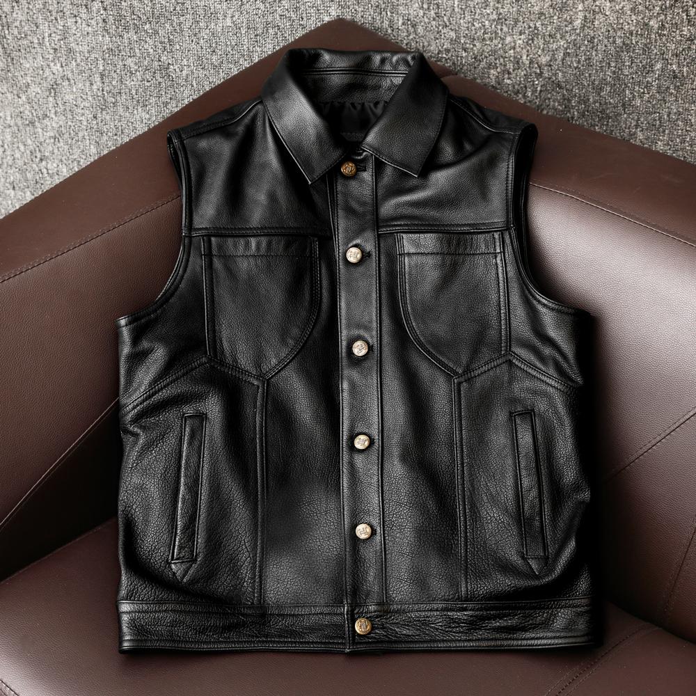 Mens Genuine Leather Vest Top Grain Cowhide Workwear Waistcoat Fall Fashion Jacket