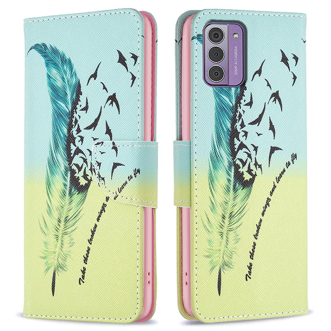 

For Nokia G42 Stand Cover PU Leather Pattern Printing Wallet Protective Flip Phone Case Feather and Birds