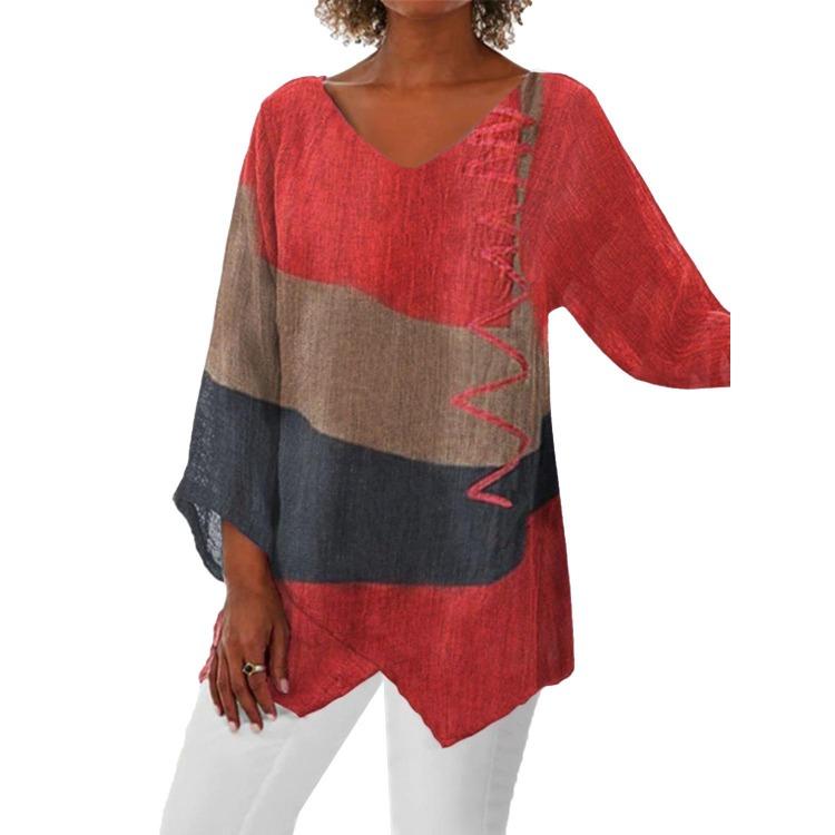 Artistic Printed Loose Long Sleeved V Neck Tshirt with Irregular Hem Top for Women
