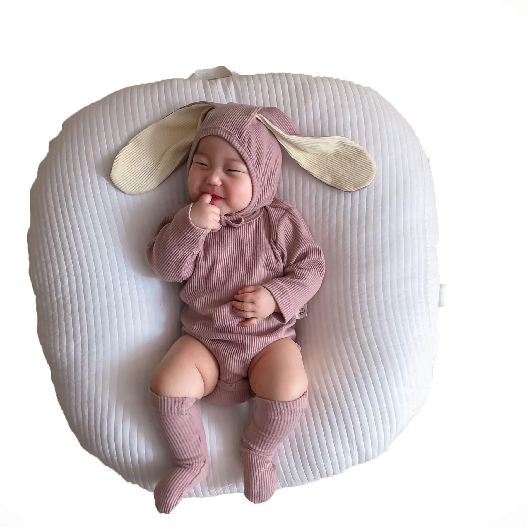 

SLINX Rabbit Romper with Bunny Solid Baby for Boys and TW Size Ears, Soft, Color, Underwear, Pajamas, Jumpsuit, Girls, (Ribbed Khaki, 80)