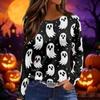 Women's Fashion Long Sleeve Neck Top with Slit Hem Halloween Print for Fall Party Occasion Wear