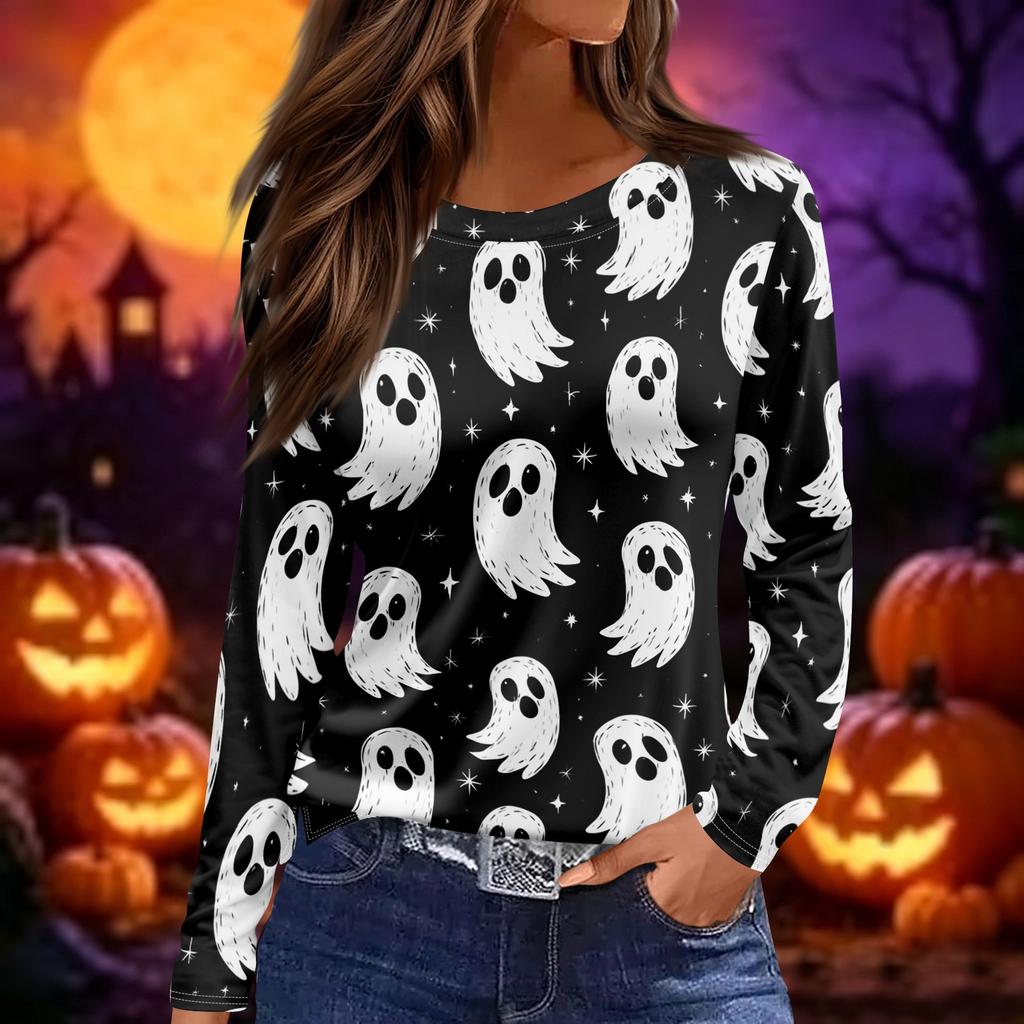 Women's Fashion Long Sleeve Neck Top with Slit Hem Halloween Print for Fall Party Occasion Wear