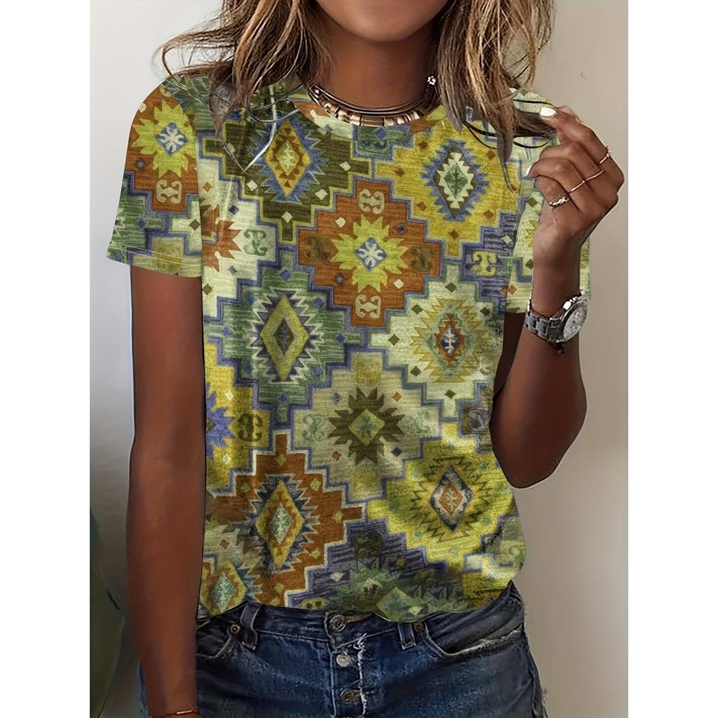 Women's Summer Short Sleeve Round Neck Character Abstract Print T-Shirt