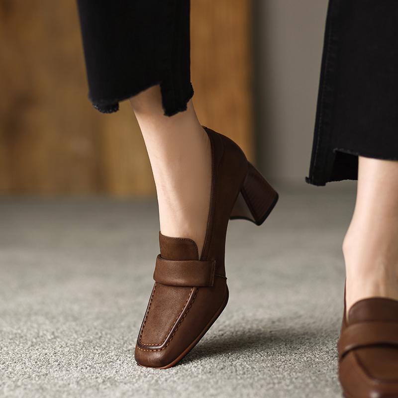 Fashion New Spring/Autumn Women Shoes Square Toe High Heels Sheep Skin Chunky Heel Pumps for Women Slip-on Solid Colors Shoes for Women