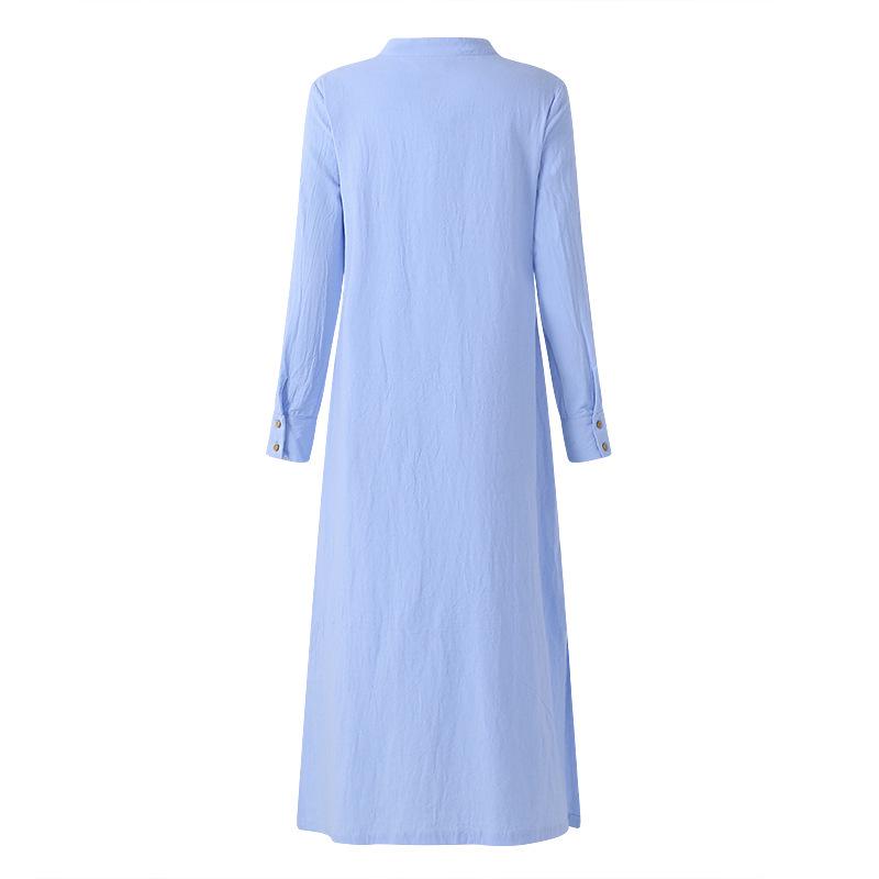 Women's Casual Loose Long Evening Shirt Dress with Stand Collar and Long Sleeves