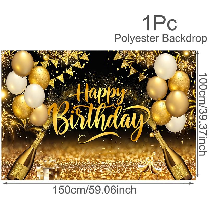 Black Golden Happy Birthday Backdrop Banner 30th 40th 50th 60th Birthday Party Backdrop Decor Photo Photography Background Props