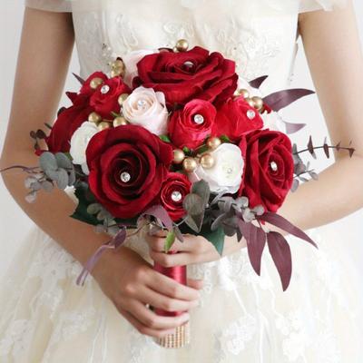 Wedding Bouquets for Bride Roses Bridesmaid Bouquet Bridal Bouquet Flower Wedding Hand Holding Bouquet with Diamond for Engagement Bridal Shower Party