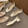 French polka dot bow thick heel single shoes women's summer new light mouth square head small leather shoes