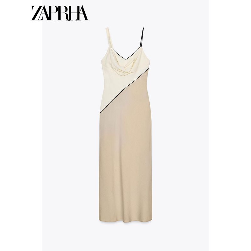Zaprha 2025 New Arrival French Style Temperament Cinched Patchwork Pleated Drape V Neck Midi Skirt Sling Dress 5029116