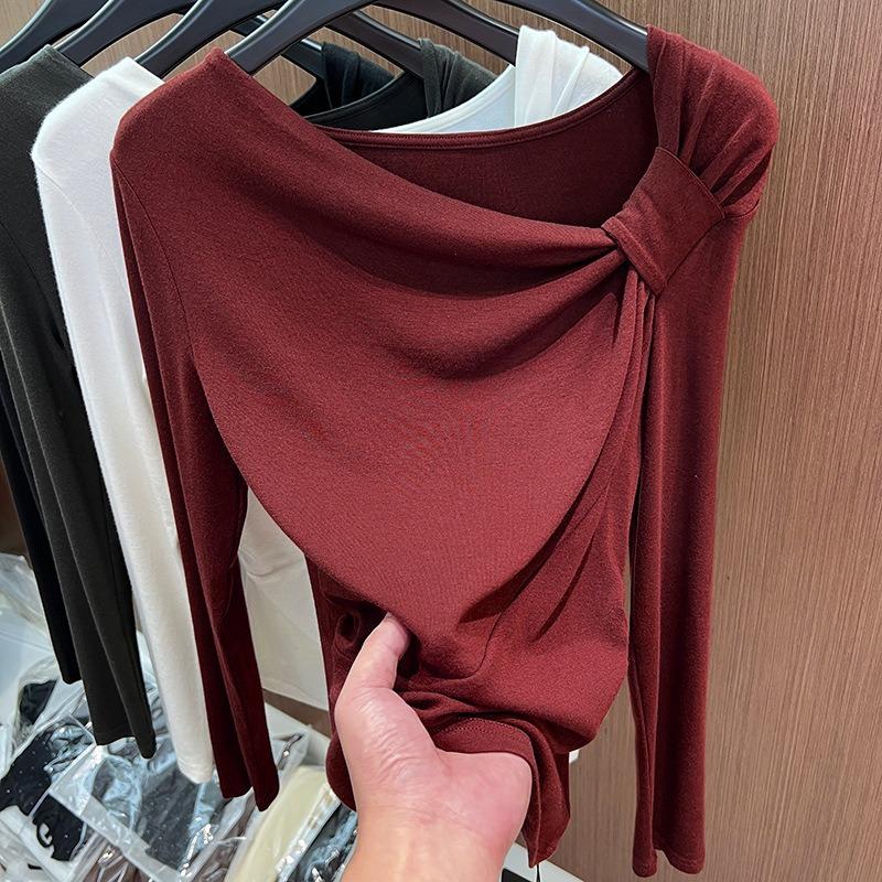 

Solid color pleated diagonal neck long-sleeved T-shirt women s autumn and winter German velvet polished slim-fitting bottoming shirt with top S
