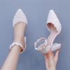 Crystal Queen Lace Flower Sandals Pointed Toe Pumps Dress Party Square High Heels Summer Women Weding Shoes