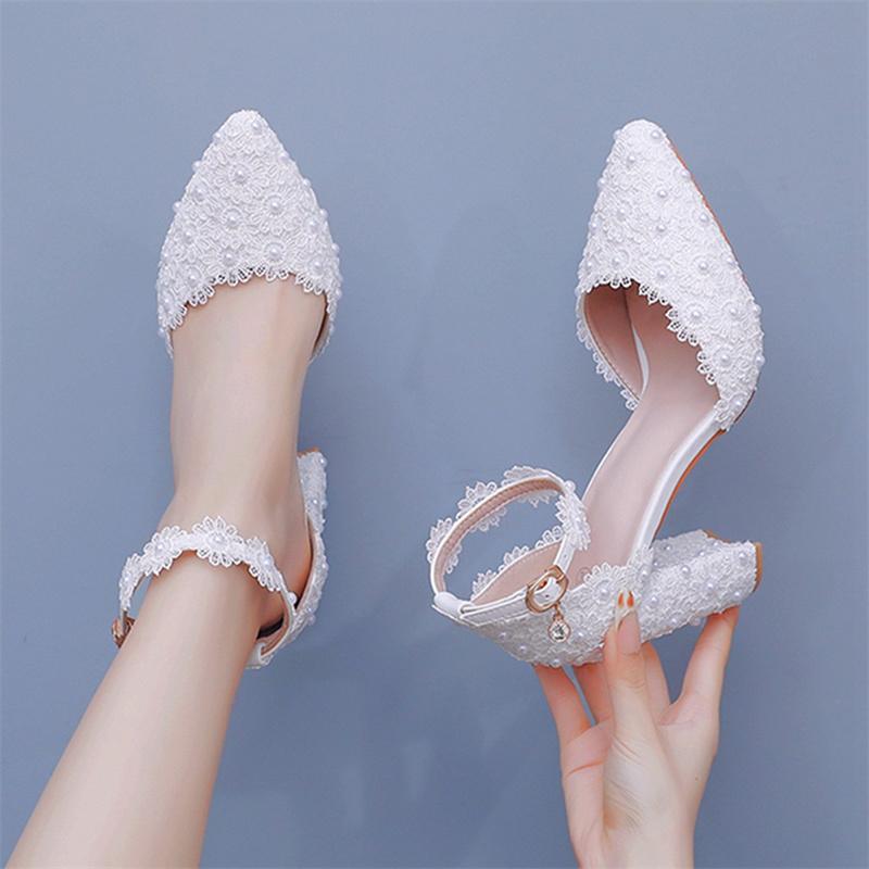 Crystal Queen Lace Flower Sandals Pointed Toe Pumps Dress Party Square High Heels Summer Women Weding Shoes