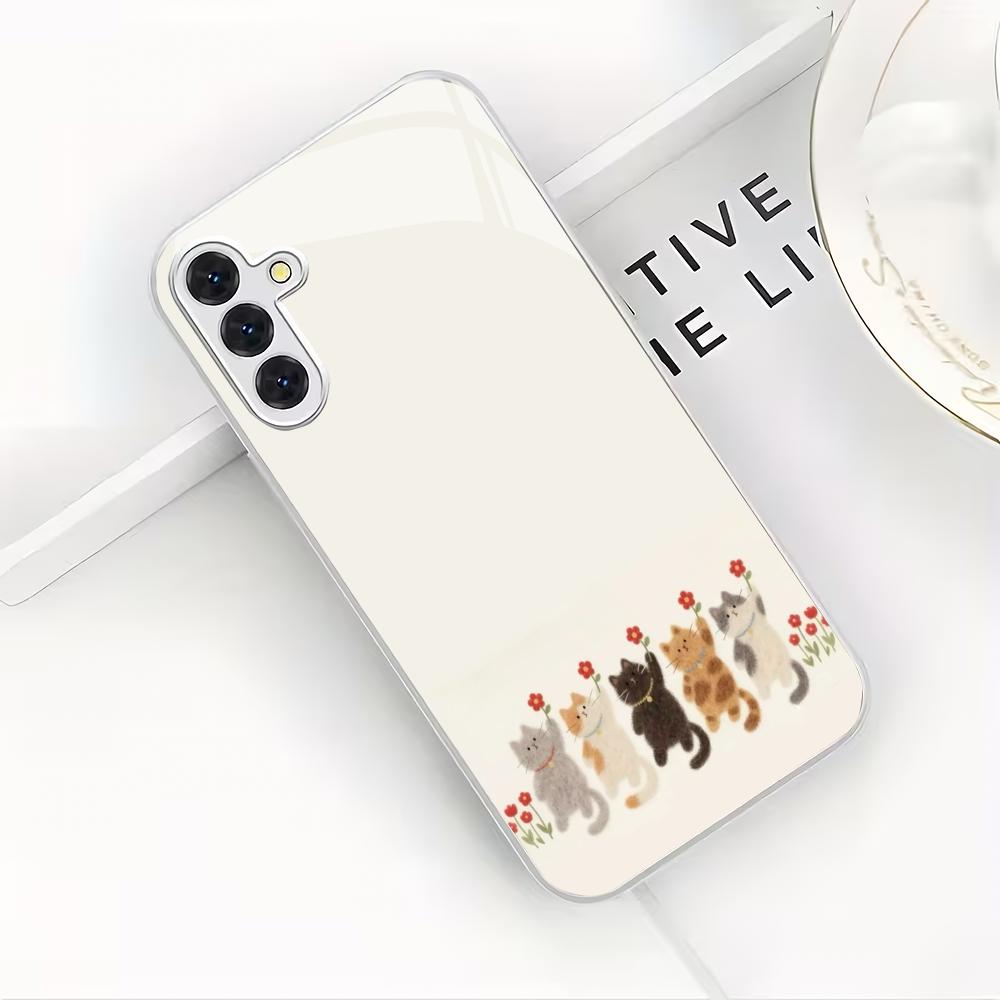 Cute Little Flower Cat Silver Plated Glass Phone Case Suitable for Samsung Galaxy S26 S25 S24 S22 S21 S20FE/Ultra/Plus Anti Fall